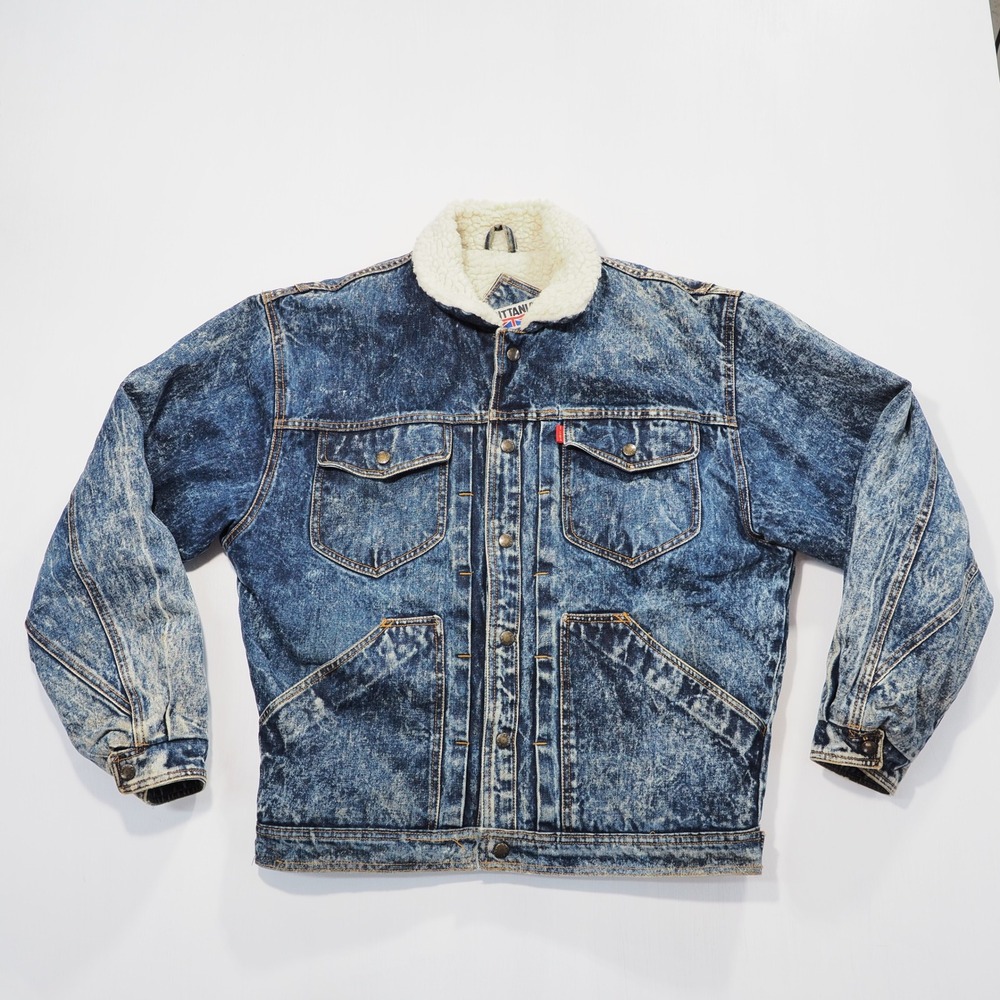 Vintage Brittania Trucker Jacket Men Medium Blue Acid Wash Denim Sherpa Lined